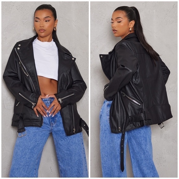 Prettylittlething Black Faux Leather Oversized Longline Belted Biker Jacket - Picture 15 of 15